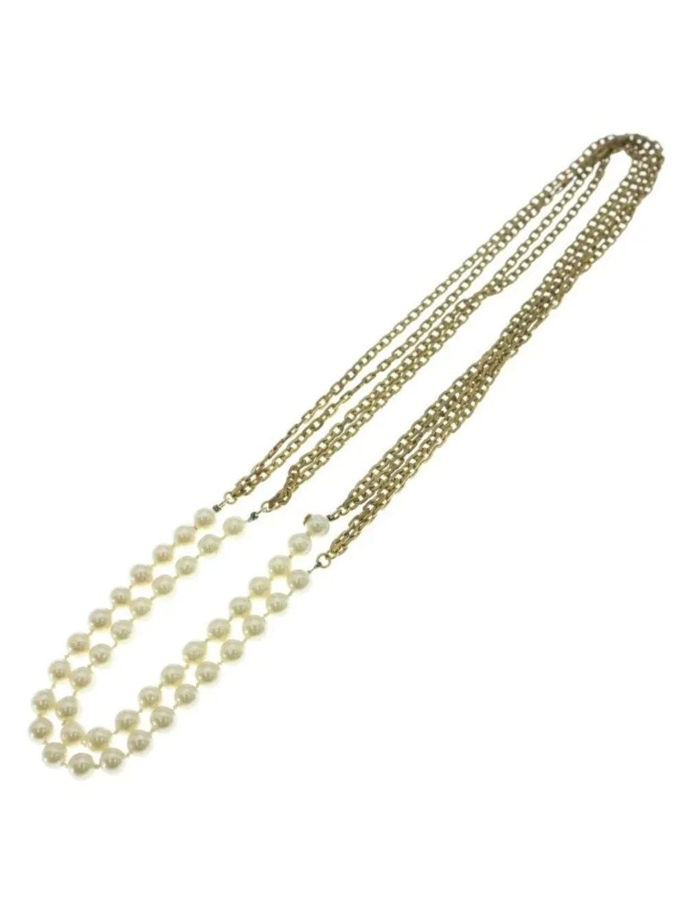 Chanel Pearl Long Chain Necklace White Gold